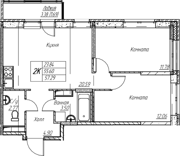 2-комнатная квартира 57.29 м², 2/22 эт., ЖК «Парк-квартал Юнтолово»